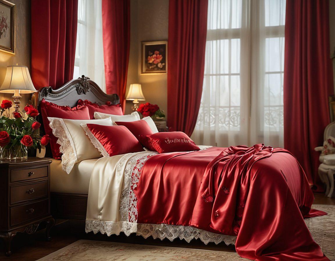 A lavishly styled bedroom with soft candlelight casting warm glows on luxurious satin sheets. In the foreground, a beautifully arranged lingerie set, showcasing intricate lace details and vibrant colors, draws attention. Silken curtains flutter gently, evoking a sense of intimacy. An elegant bouquet of red roses adds a touch of romance to the scene. soft focus. super-realistic. warm tones.