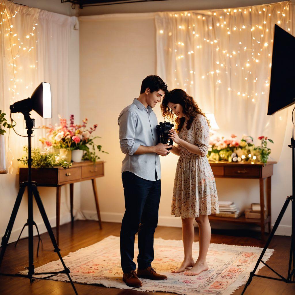 A soft, ambient-lit studio space showcasing a photographer capturing an intimate moment between a couple, with gentle expressions and tender interactions. Include a vintage camera on a tripod, colorful bokeh in the background, and artfully arranged props like flowers and fabrics that enhance the warmth of the scene. The overall mood conveys a sense of connection and vulnerability. super-realistic. warm colors. soft focus.