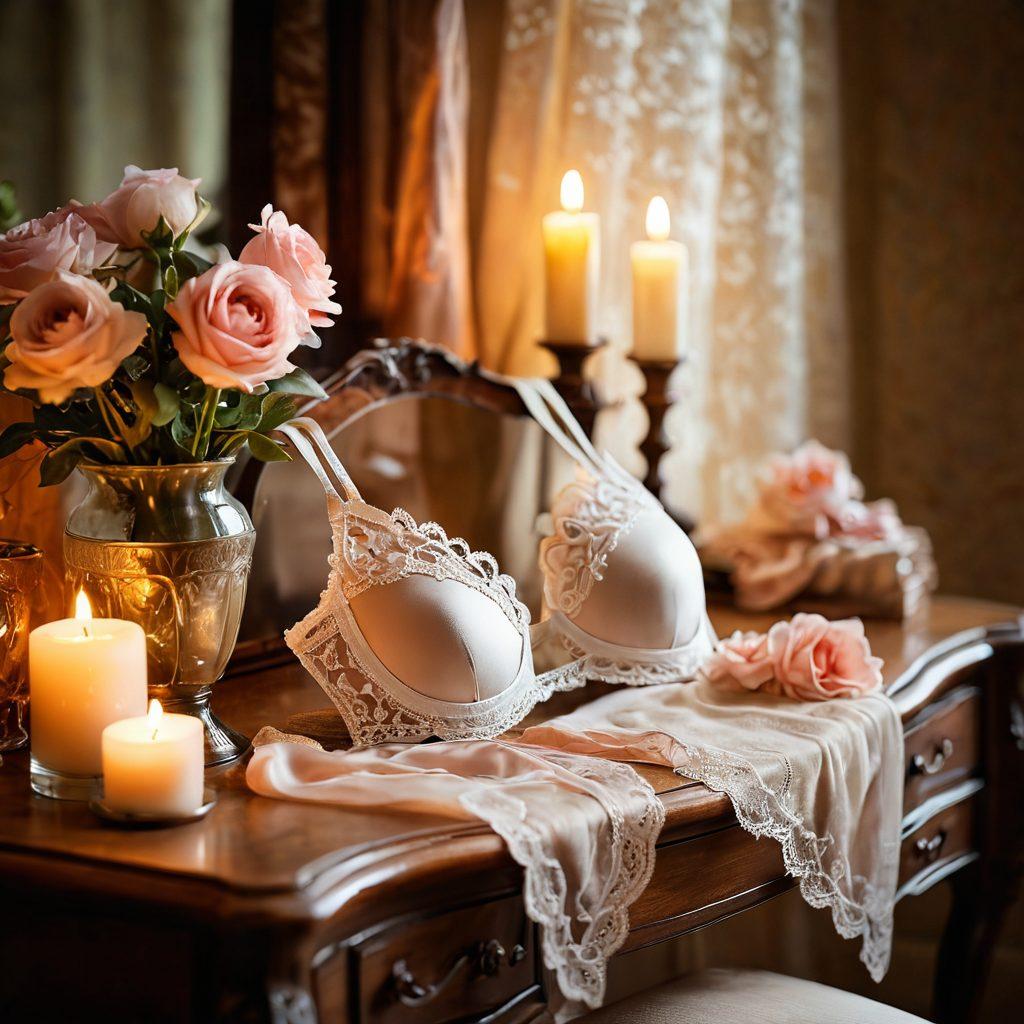A soft-focus, romantic scene featuring a delicate assortment of sensual lingerie displayed elegantly on a vintage vanity, accentuated by warm candlelight that casts gentle shadows. Include a beautiful, abstract background that evokes intimacy, with hints of silk and lace textures subtly integrated. The atmosphere should feel dreamy and inviting, inviting exploration of sensuality. soft-focus. warm tones. vintage aesthetic.